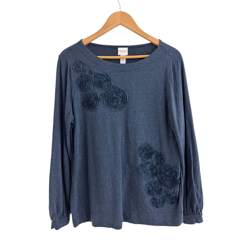 Weekends by Chico's Blue Floral Applique Tee Long‎ Sleeve Top Shirt Size 1 = Med